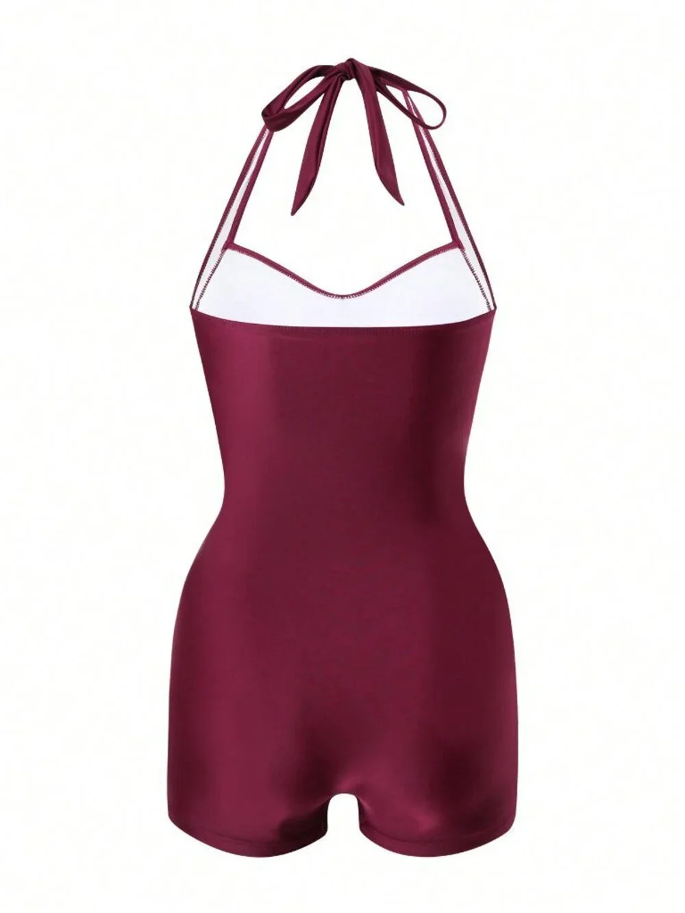 Burgundy Casual Women's Halter Neck Tie Strap One-Piece Swimsuit